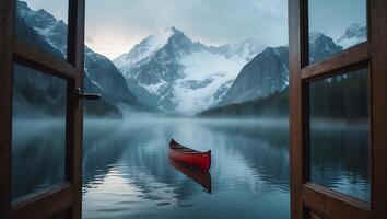 Canoe on Lake Seen Through Window with Snowy Mountains photo