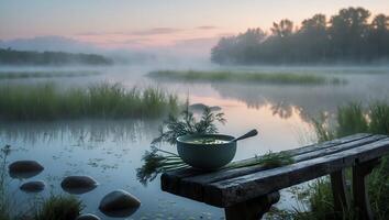 Soup with Dill on Bench Near Lake in Tranquil Landscape photo