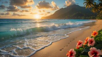 Tropical Beach with Hibiscus and Sunset photo