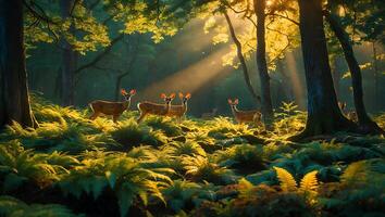 Deer Standing in Sunlight Forest Glade with Ferns photo