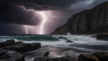Lightning Storm Over Ocean with Rocky Coast and Dark Clouds photo