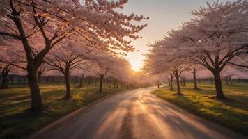 Cherry Blossom Tree Along Road at Sunrise photo