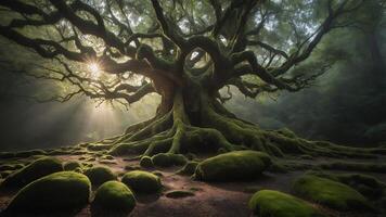 Majestic Old Tree with Mossy Roots and Sunbeams in Forest photo