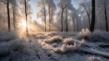 Winter Forest Covered in Frost and Snow with Sun Rays photo