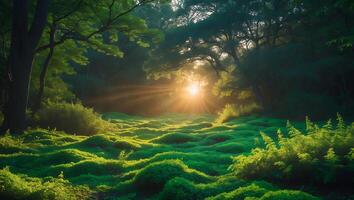 Sunlight Shining Through a Green Forest photo