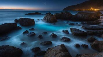 Ocean Rocks at Night with Stars and Lights photo