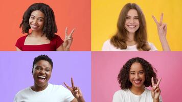 Four individuals from different backgrounds express happiness and positivity, each showcasing a V gesture for victory against vibrant colored backgrounds. Their smiles highlight a theme of success. video