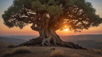 Old Tree at Sunset with Mountain Background photo