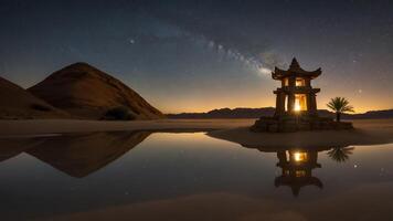 Pagoda Reflection in Desert Water Under Night Sky photo
