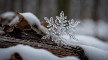 Snowflake on Wood Log with Snow Winter Scene photo