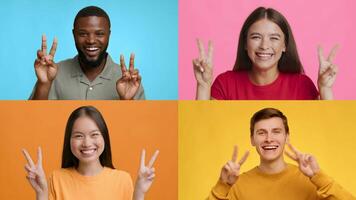 A collection showcases four diverse individuals expressing joy and success with V gestures. They stand against vibrant backgrounds, radiating positivity and happiness. video
