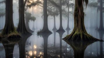Swamp with Tall Trees and Reflections in Water photo