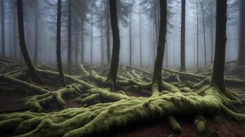 Mossy Tree Roots in Misty Forest photo