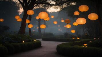 Paper Lanterns in Park with Pathway and Bushes photo