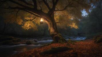 Lantern Hanging From Tree Over River in Forest photo