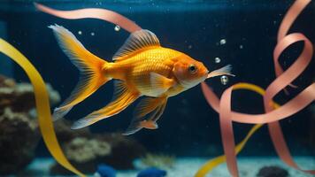 Goldfish Swimming in Aquarium with Ribbons Decoration photo