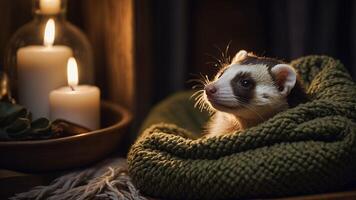 Relaxing Ferret Portrait with Candles and Knitted Blanket photo