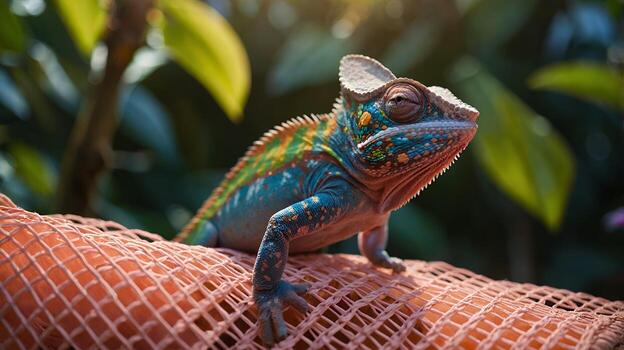Chameleon on Netting Outdoors photo