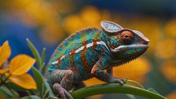 Colorful Chameleon on a Branch Close Up photo