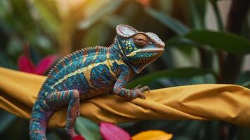 A chameleon sitting on a yellow cloth photo