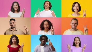 A dynamic collage showcases a diverse group of cheerful individuals joyfully posing with V gestures. Each person expresses happiness and positivity against vibrant backgrounds. video