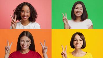 Cheerful individuals from different backgrounds express happiness and positivity. Each person makes a V gesture, symbolizing victory against colorful backgrounds. video