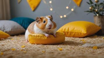 Guinea Pig on Pillow with Lights and Decoration photo