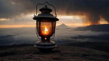 Illuminated Lantern on Rocky Peak with Mountain View photo