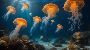Orange Jellyfish Floating in Ocean Water with Coral photo