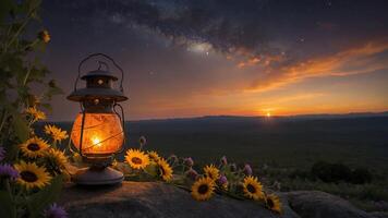 Glowing Lantern on Rock at Sunset with Sunflowers and Night Sky photo