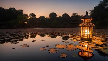 Pagoda Lantern on Lake with Lily Pads at Dusk photo