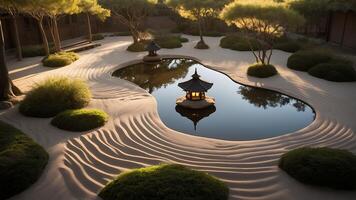 Zen Garden with Glowing Lantern on Pond photo