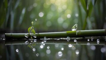Bamboo Stalk with Water Drops in Tranquil Water Scene photo
