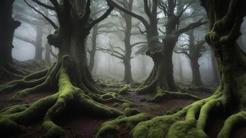 Foggy Mossy Forest with Old Trees and Roots photo