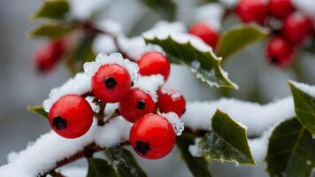 Red Berry Covered with Snow and Leaves photo