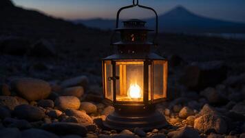 Illuminated Lantern on Rocky Ground at Dusk photo