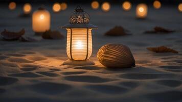 Beach Lantern with Seashells on Sand photo