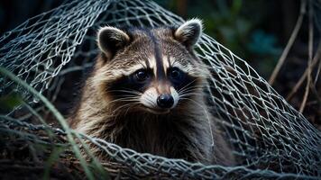 Raccoon Caught in Net in Forest photo