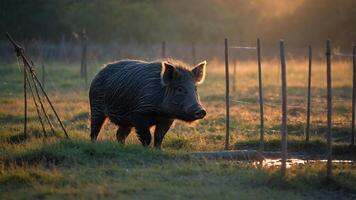 Wild Boar in a Grassy Field at Sunrise photo