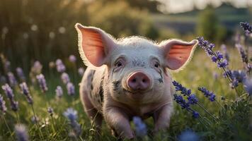 Piglet in Lavender Field - Adorable Farm Animal photo
