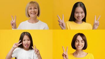 A collection of joyful individuals from different backgrounds displaying V signs for victory. video