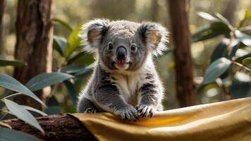 Cute Koala on Branch in Nature Setting with Yellow Cloth photo
