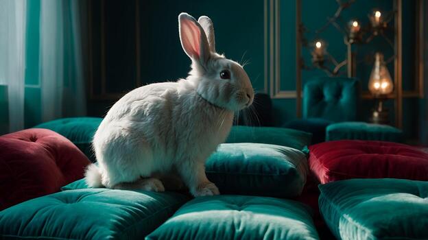 White Rabbit on Pillows in Elegant Teal Setting photo