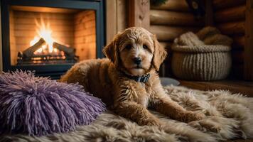 Golden Doodle Puppy Lounging by Fireplace in Cozy Cabin photo