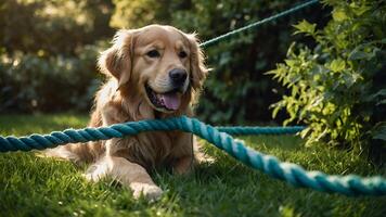 Golden Retriever Lies on Grass Near Green Rope photo