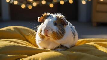 Guinea Pig Resting on Yellow Blanket with Bokeh Background photo