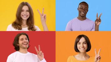 Four individuals express joy and positivity by flashing the V gesture against vibrant backgrounds. Their diverse appearances emphasize happiness and a sense of achievement. video