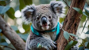 Koala on Tree Wearing Blue Ribbon photo