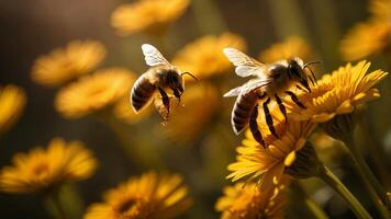 Bees on Yellow Flowers Pollinating in Natural Light photo