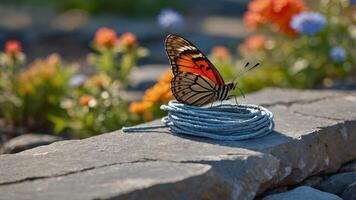 Butterfly Resting on Rope in a Flower Garden photo